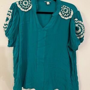 Cato Teal Blouse with Crochet Details